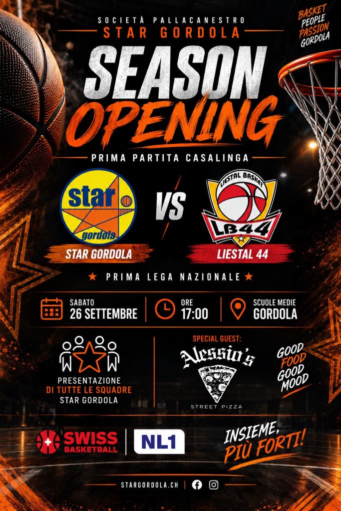 Locandina Season Opening: Star Gordola contro Liestal 44, sabato 26 settembre alle 17:00 alle Scuole Medie di Gordola.